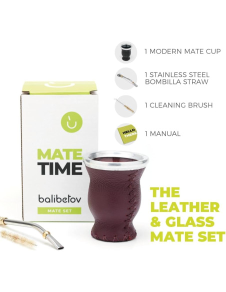 Conjunto de Gourd de Yerba Mate BALIBETOV de Vidrio y Cuero