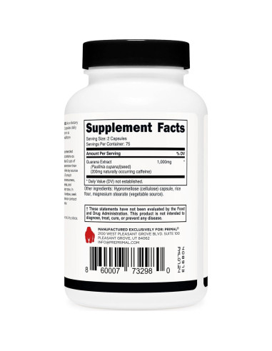 Suplemento de Guaraná Primal 1000 mg - 150 Cápsulas