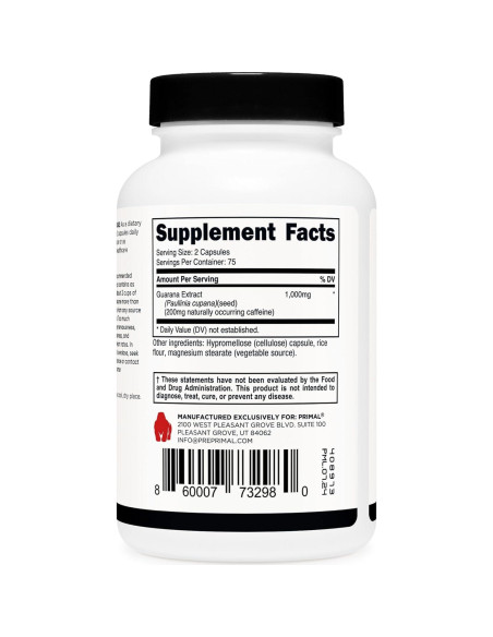 Suplemento de Guaraná Primal 1000 mg - 150 Cápsulas
