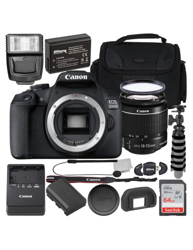 Cámara DSLR Canon EOS 2000D con lente 18-55mm y accesorios