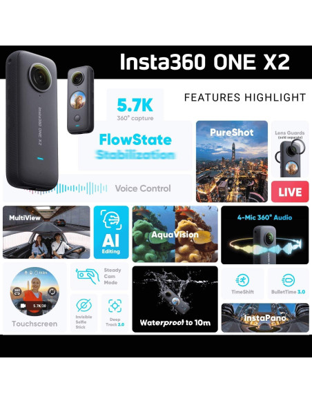 Cámara 360 Insta360 ONE X2 - 5.7K, Estabilización, 128GB