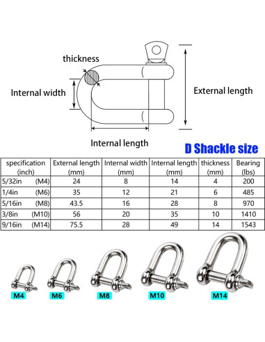 Grillete en D de acero inoxidable 304 4mm 8 piezas alta resistencia