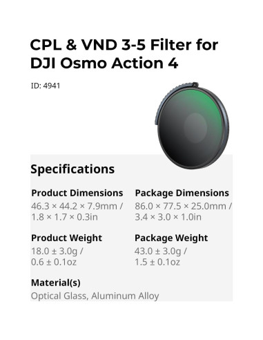Filtro CPL y VND 3-5 SmallRig para DJI Osmo Action 4, ND8-32