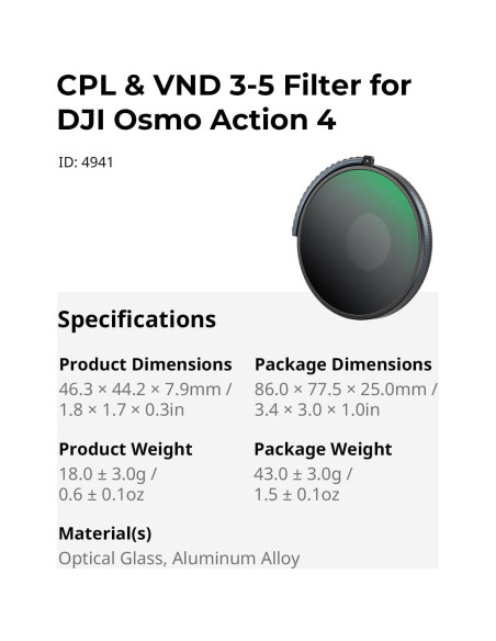 Filtro CPL y VND 3-5 SmallRig para DJI Osmo Action 4, ND8-32