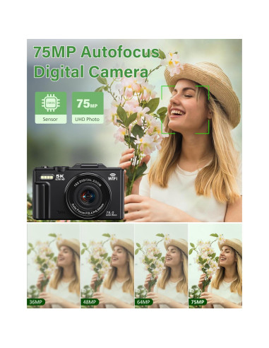 Cámara Digital Lacegre 5K 75MP con WiFi y Pantalla 3"