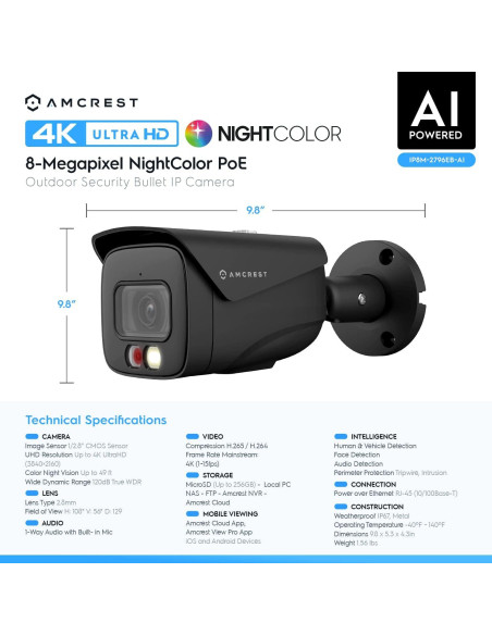Cámara IP PoE Amcrest UltraHD 4K 8MP Visión Nocturna 15m