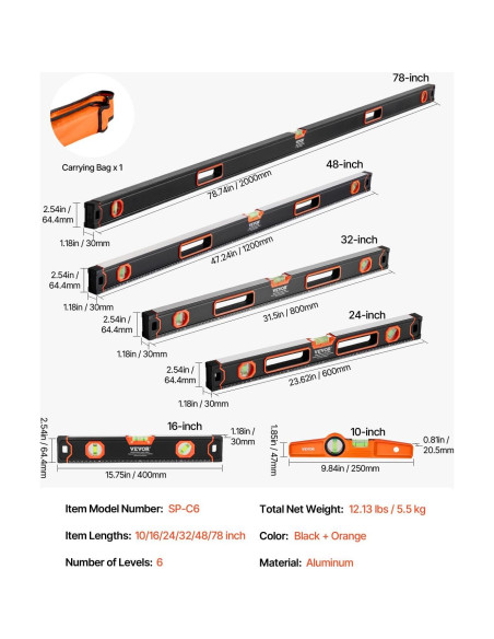 Nivel Torpedo Magnético VEVOR 6 Piezas Aluminio 25.4-198.12 cm