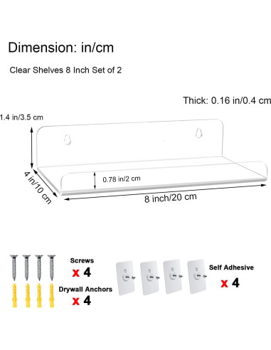 Estantes Acrílicos Flotantes WANLIAN 8" Sin Perforación - Paquete de 2