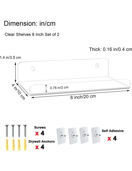 Estantes Acrílicos Flotantes WANLIAN 8" Sin Perforación - Paquete de 2