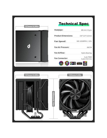 Enfriador de CPU upHere UE2K6 Doble Torre 120mm Negro