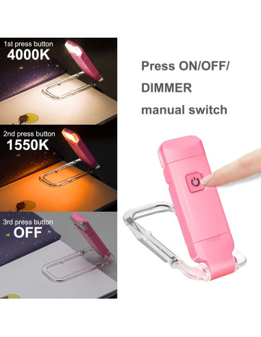 Luz de Lectura LED Clip BIGLIGHT Rosa, Recargable USB, 2 Brillos