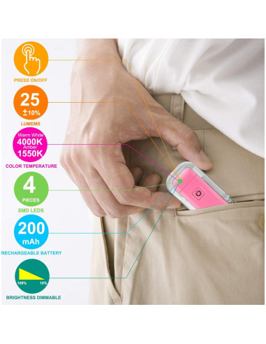 Luz de Lectura LED Clip BIGLIGHT Rosa, Recargable USB, 2 Brillos