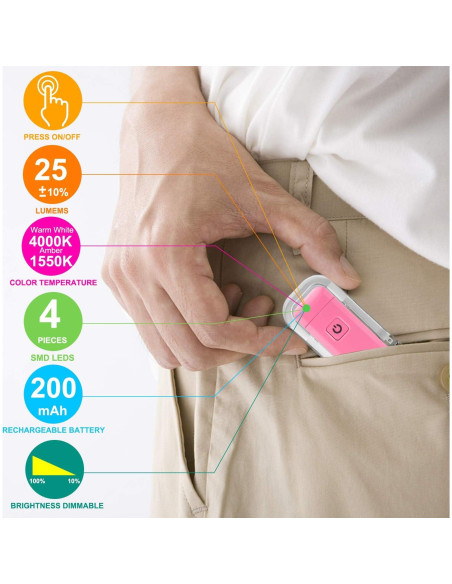 Luz de Lectura LED Clip BIGLIGHT Rosa, Recargable USB, 2 Brillos
