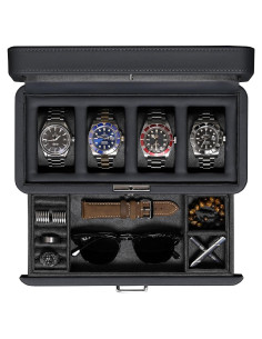 Caja de Reloj de Cuero Rothwell con 4 Compartimentos y Cajón Valet