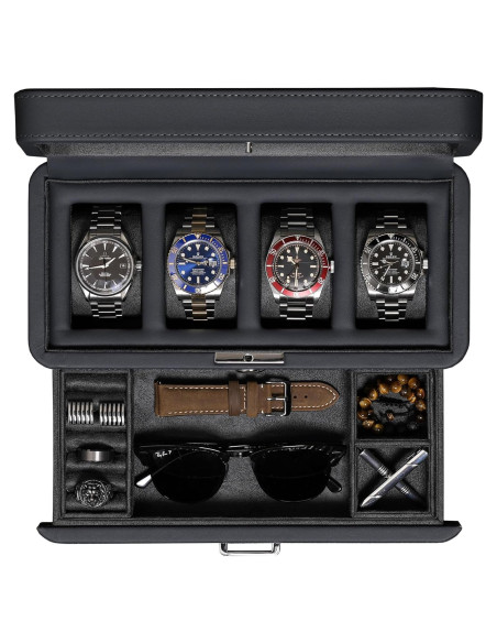 Caja de Reloj de Cuero Rothwell con 4 Compartimentos y Cajón Valet