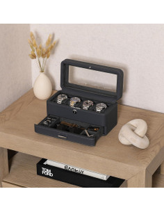 Caja de Reloj de Cuero Rothwell con 4 Compartimentos y Cajón Valet 2