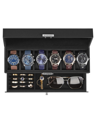 Caja de Reloj SONGMICS 6 Compartimentos con Tapa de Vidrio