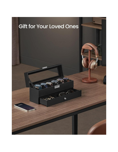 Caja de Reloj SONGMICS 6 Compartimentos con Tapa de Vidrio