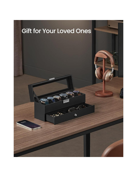 Caja de Reloj SONGMICS 6 Compartimentos con Tapa de Vidrio