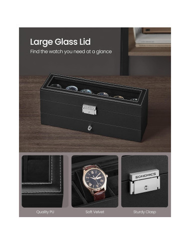 Caja de Reloj SONGMICS 6 Compartimentos con Tapa de Vidrio
