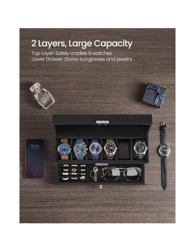 Caja de Reloj SONGMICS 6 Compartimentos con Tapa de Vidrio