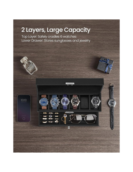 Caja de Reloj SONGMICS 6 Compartimentos con Tapa de Vidrio