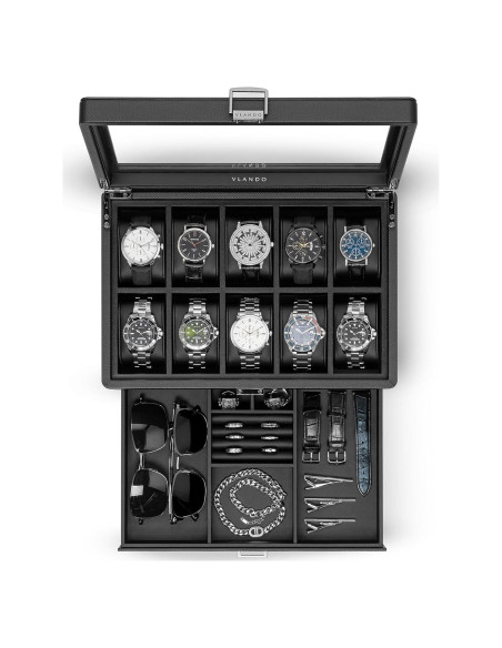Caja de Reloj Vlando 10 Compartimentos con Cerradura Negra