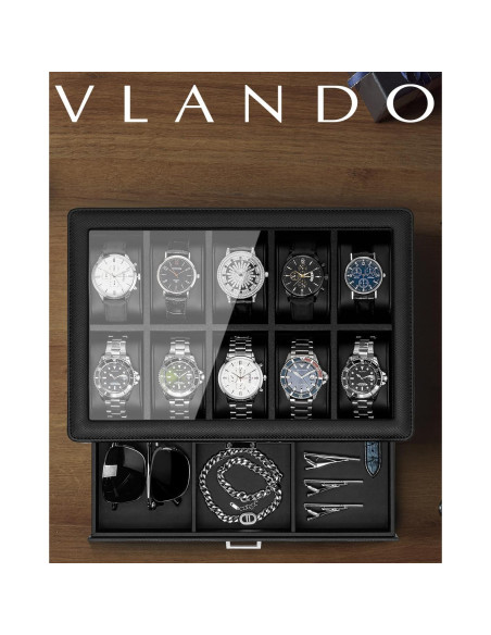 Caja de Reloj Vlando 10 Compartimentos con Cerradura Negra