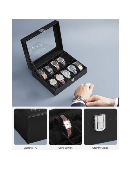 Caja de Reloj SONGMICS 10 Compartimentos con Tapa de Vidrio