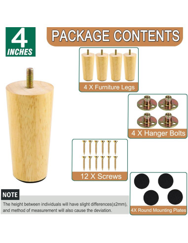 Juego de 4 patas de muebles Yaliuliu redondas 10.16 cm madera