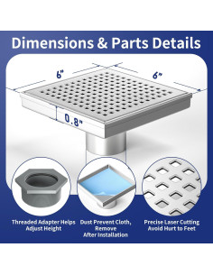 Desagüe de Ducha Cuadrado 15.24 cm Bernkot Acero Inoxidable 2