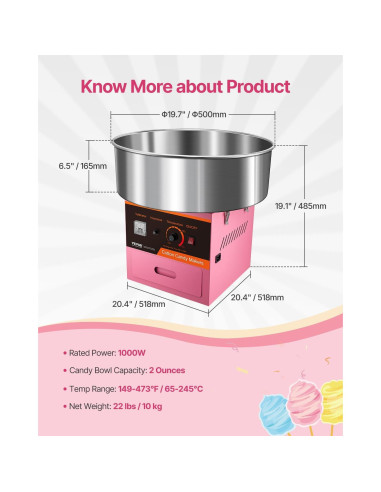 Máquina de Algodón de Azúcar VEVOR 1000W con Tazón Inoxidable