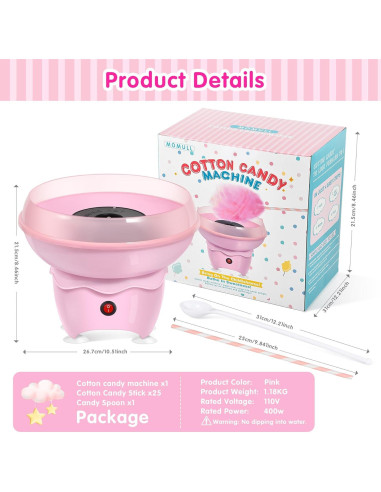 Máquina de Algodón de Azúcar MOMULL Rosa con 25 Palitos