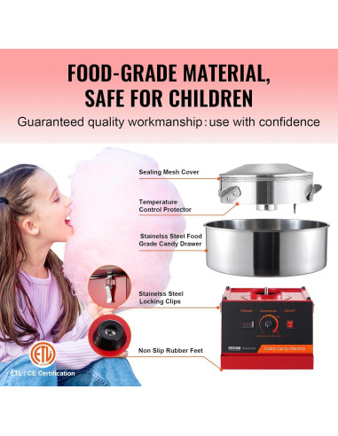 Máquina de Algodón de Azúcar VEVOR 1000W con Tazón Inoxidable