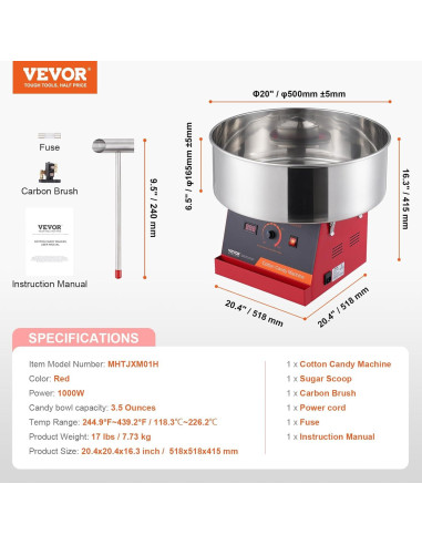 Máquina de Algodón de Azúcar VEVOR 1000W con Tazón Inoxidable