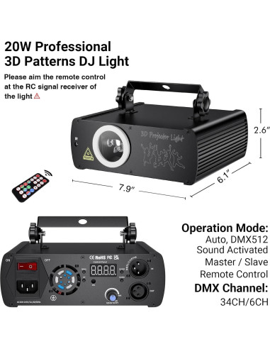 Luz Láser DJ RGB 20W Animación 3D Control Remoto DMX512