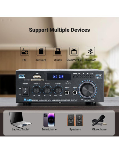 Receptor Estéreo Bluetooth NEOHIPO AK45 300W 2 Canales FM Karaoke