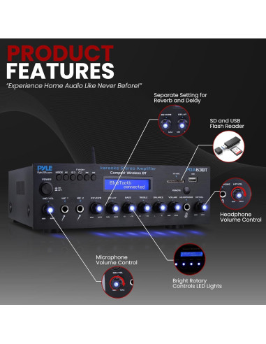 Amplificador Estéreo Inalámbrico Pyle PDA63BT 200W Bluetooth
