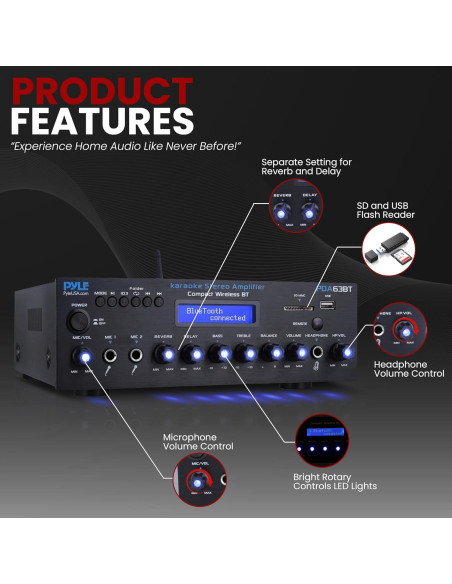 Amplificador Estéreo Inalámbrico Pyle PDA63BT 200W Bluetooth