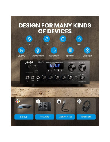 Amplificador Estéreo Bluetooth 5.0 Moukey MAMP1 400W 2.0 Canales