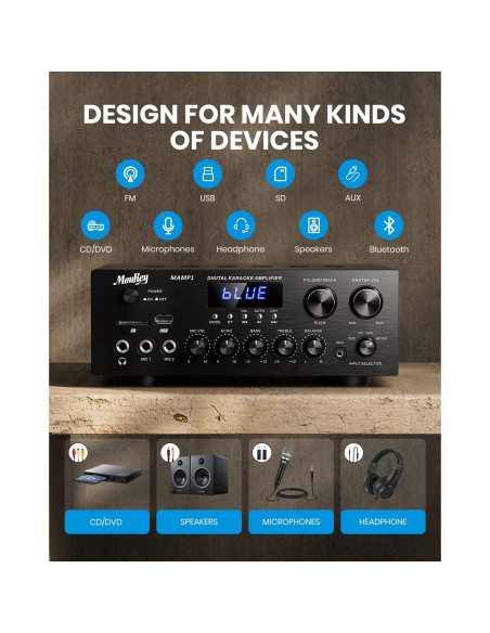 Amplificador Estéreo Bluetooth 5.0 Moukey MAMP1 400W 2.0 Canales