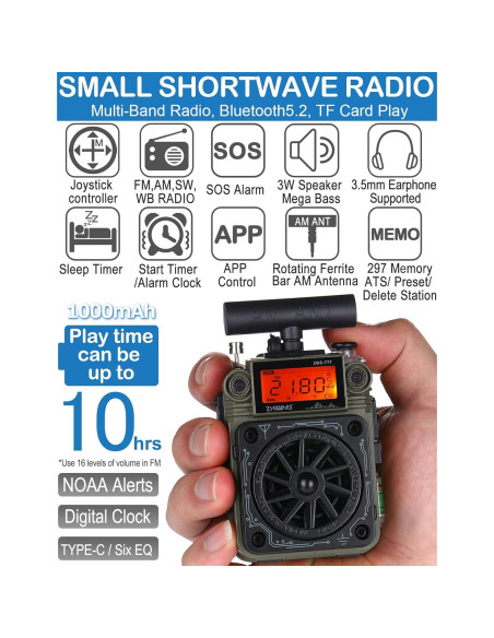 Radio ZHIWHIS ZWS-777 AM/FM/SW con Bluetooth y Alerta NOAA