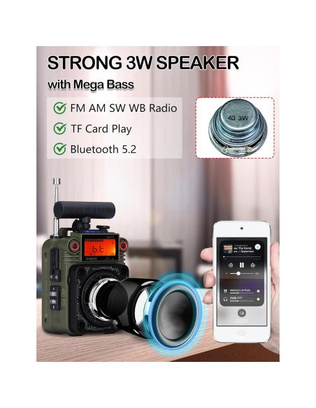 Radio ZHIWHIS ZWS-777 AM/FM/SW con Bluetooth y Alerta NOAA