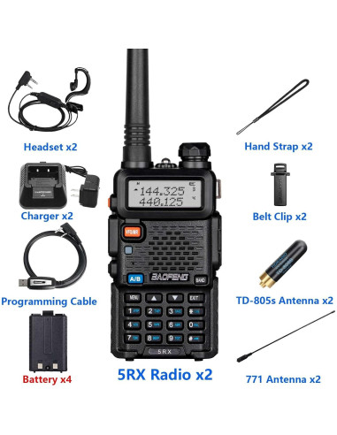 Baofeng 5RX Radio Ham Multibanda VHF UHF 4 Baterías 1800mAh