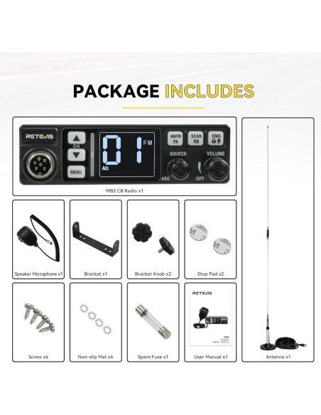 Radio CB Retevis MB3 con Antena y Función VOX - 40 Canales