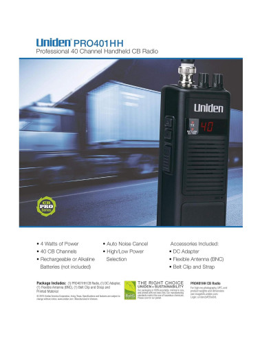 Radio CB Portátil Uniden PRO401HH 40 Canales 4W Alcance Largo