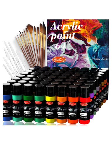 Juego de Pintura Acrílica HissiCo 64 Colores 60ml 12 Pinceles