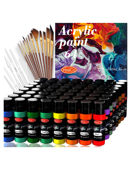 Juego de Pintura Acrílica HissiCo 64 Colores 60ml 12 Pinceles