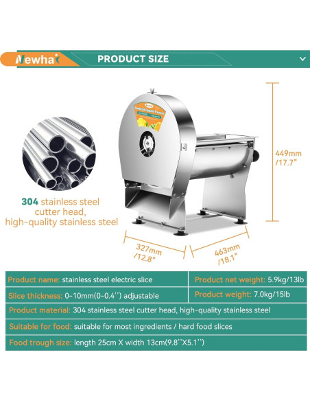 Cortadora de Verduras Eléctrica Newhai 0-10mm Acero Inoxidable