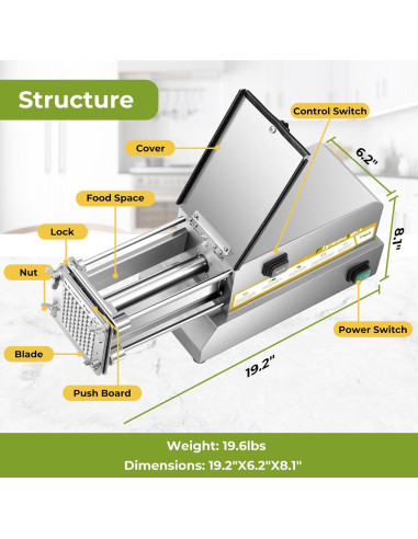 Cortador de Papas Fritas Eléctrico Flyseago 4 Cuchillas Acero Inoxidable